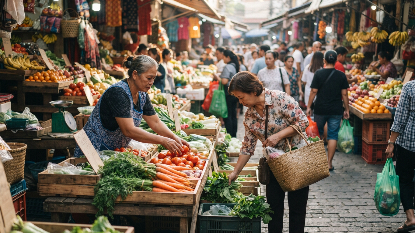 Khu chợ ngoài trời buổi sáng đông người