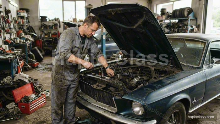A man repairing a car engine in a garage.