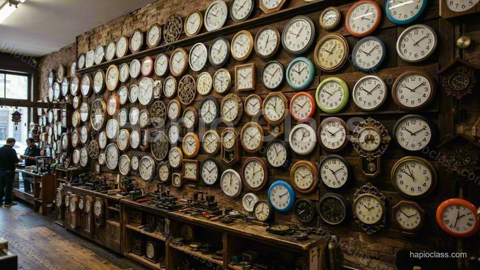 A wall with many clocks in a clock shop.
