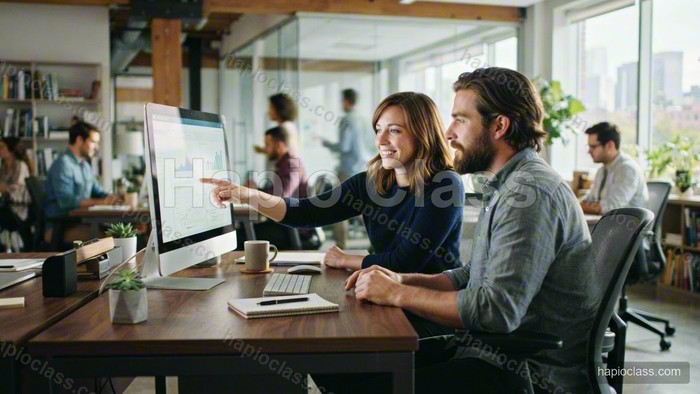 Two coworkers in front of a computer.