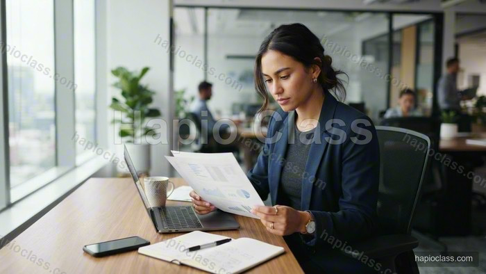 A woman reading a document at her office desk.