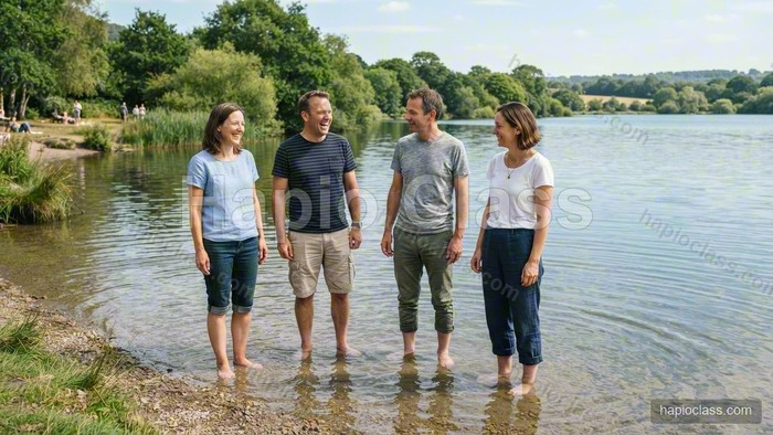 People standing in the water at a lake.